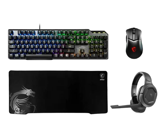 MSI Pro Pack: GK50 Elite Tastatur - GM51 Maus WL - GH50 Headset USB - GD70 Mauspad