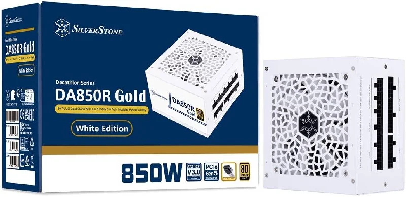 SilverStone DA850R White Fully Modular Power Supply, 80 PLUS Gold, 850W ATX 3.0 & PCIe 5.0